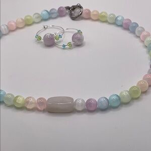 Pink and Blue Beaded Necklace with Pastel Charm